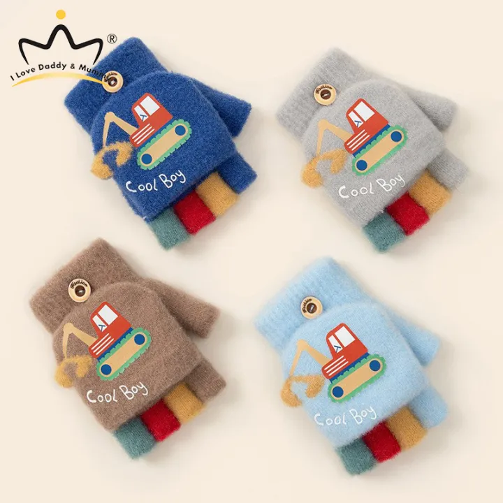 Cartoon Excavator Winter Gloves for Boy Kindergarten Kids Warm Half Fingers Flip Knit Mittens Outdoor Windproof Children Gloves