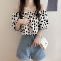 Chiffon Korean Style Polka Dot French Style Short Sleeve New Puff Sleeve Summer Shirt Top off-Shoulder Floral Western Style Youthful-Looking. 