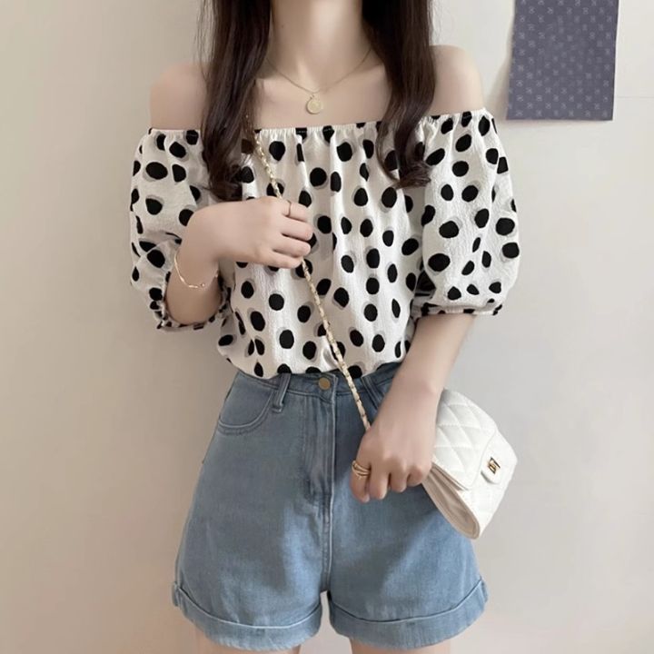 Chiffon%20Korean%20Style%20Polka%20Dot%20French%20Style%20Short%20Sleeve%20New%20Puff%20Sleeve%20Summer%20Shirt%20Top%20off-Shoulder%20Floral%20Western%20Style%20Youthful-Looking%20-%20Image%202