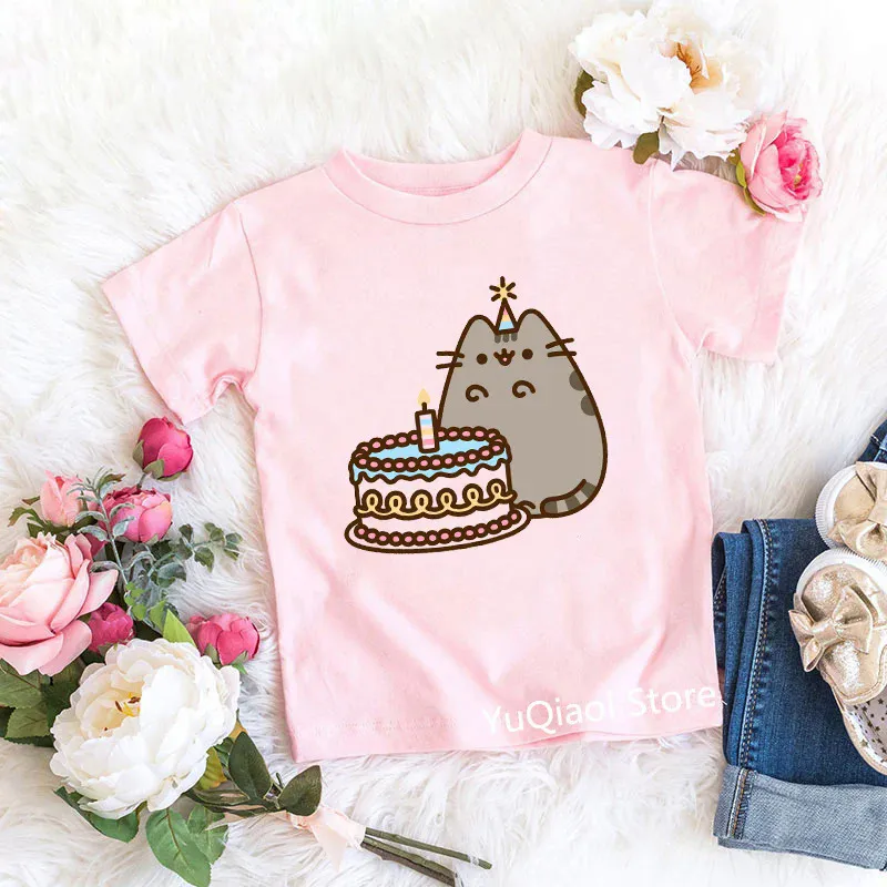 Cute Pink T-Shirt For Girls Coffee Cat Happy Birthday To You