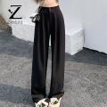 Zentora Long Pants Stylish Women's High Waist Wide Leg Pants for Office Streetwear Elastic Waist Button Zipper Fly Solid Color Trousers Women Pocketed Pants. 