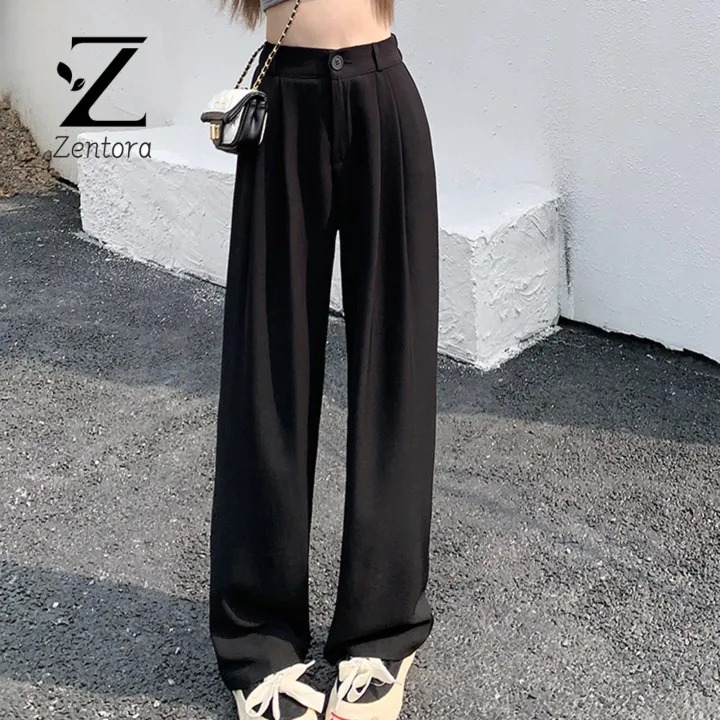 Zentora%20Long%20Pants%20Stylish%20Women's%20High%20Waist%20Wide%20Leg%20Pants%20for%20Office%20Streetwear%20Elastic%20Waist%20Button%20Zipper%20Fly%20Solid%20Color%20Trousers%20Women%20Pocketed%20Pants%20-%20Image%205