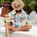 Muses Mall Quick-drying Bikini Set 3-piece Leaf Print Bikini Cardigan Set for Women High Waist Swimsuit with Quick Dry Lace-up Bra Beachwear for Water Sports Women Swimsuit Set. 