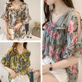 Women Printed Off Shoulder V-Neck ffon Loose Blouse Vintage Sweet Pagoda Sleeve ops. 