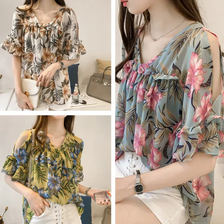 Women%20Printed%20Off%20Shoulder%20V-Neck%20ffon%20Loose%20Blouse%20Vintage%20Sweet%20Pagoda%20Sleeve%20ops%20-%20Image%205