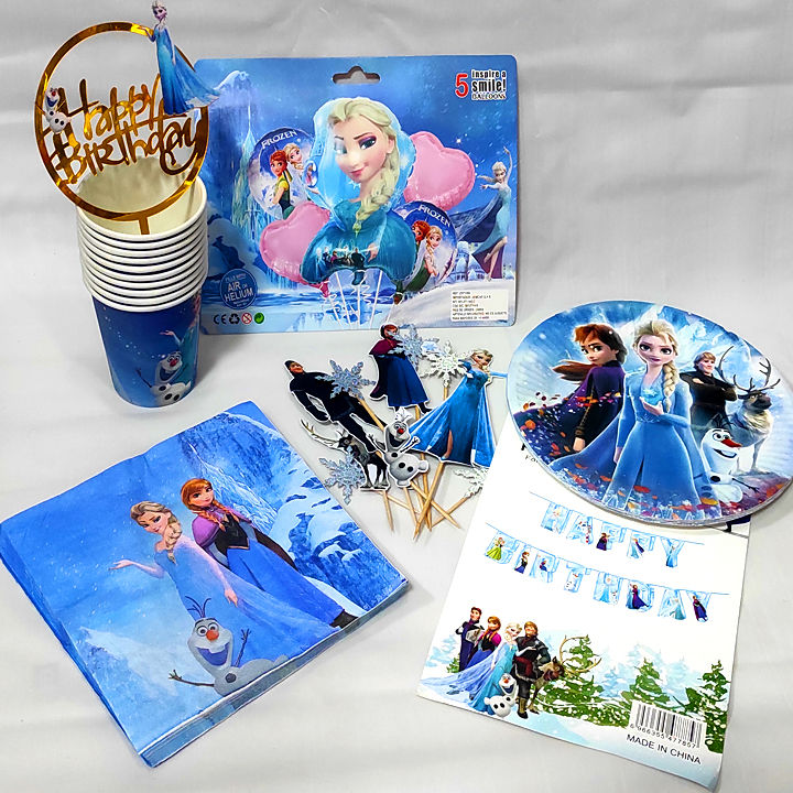 Frozen Elsa Theme paper plate paper cup Paper Serviette Cake Topper Foil Balloon Cup Cake Topper Banner Set Partyware