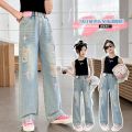 Girls' Ripped Jeans 2024 Summer New Internet Celebrity Girls' Retro Loose Thin Children's Narrow Wide-Leg Pants. 