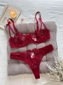 Floral Embroidery Lingerie Set, Mesh Unlined Bra & Mesh Panty, Women's Lingerie & Underwear. 