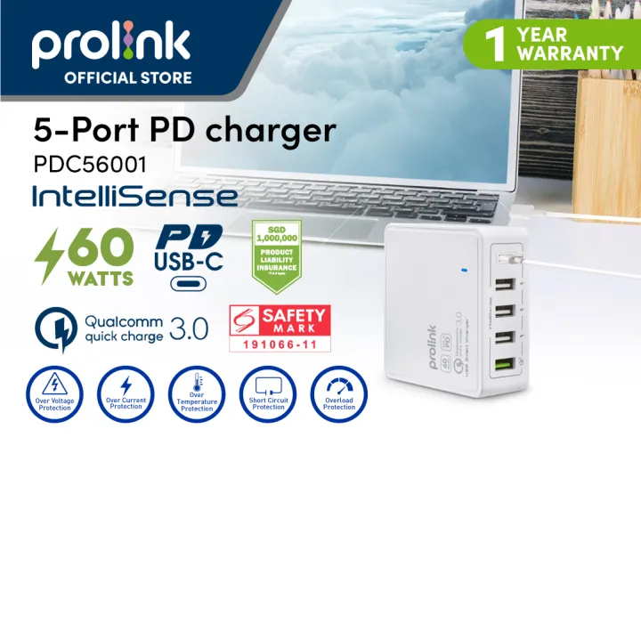 Prolink PDC56001 60W 5-Port USB PD Desktop Charger with Intellisense