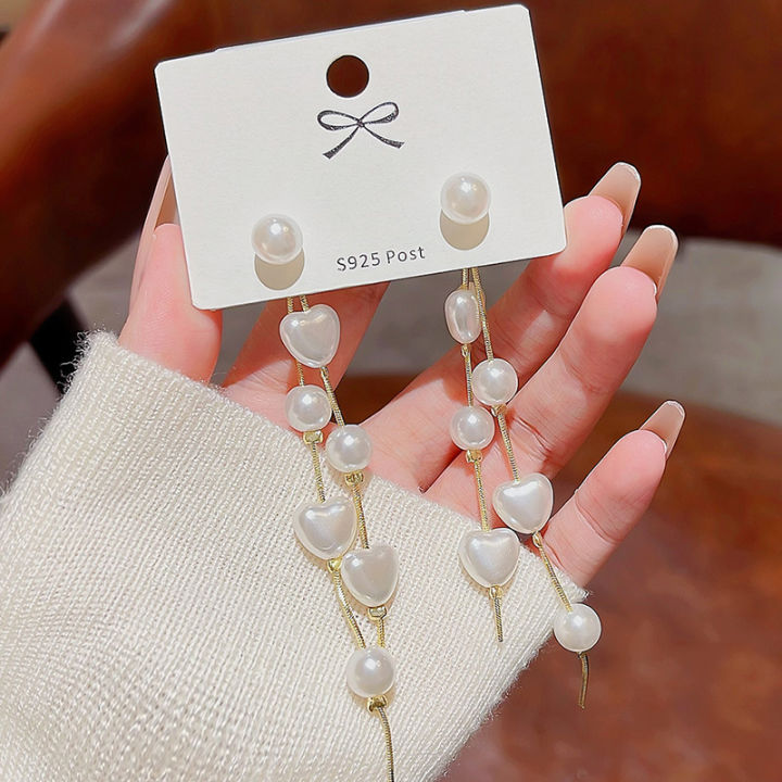 1Pair Simulation Pearl Long Earrings Love Heart Tassel Wedding Stud Earrings For Women Girl Fashion Korean Party Wedding Jewelry Gift
