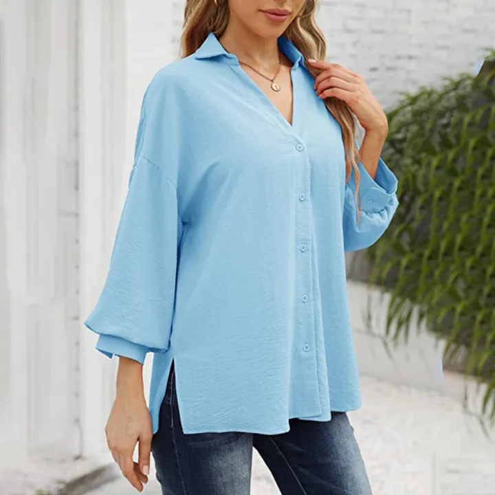 Women%20Casual%20Button%20Down%20Blouses%203/4%20Sleeve%20Lapel%20Irregular%20T-shirt%20v%20Neck%20Loose%20Solid%20Color%20Cardigan%20Tops%20-%20Image%207