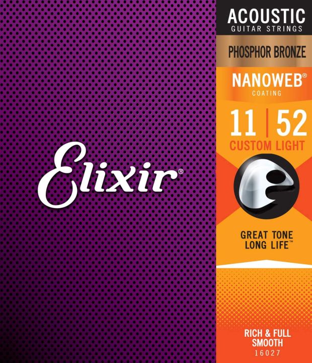 Elixir Strings Phosphor Bronze Acoustic Guitar Strings w NANOWEB Coating, Custom Light (.011-.052) 11052