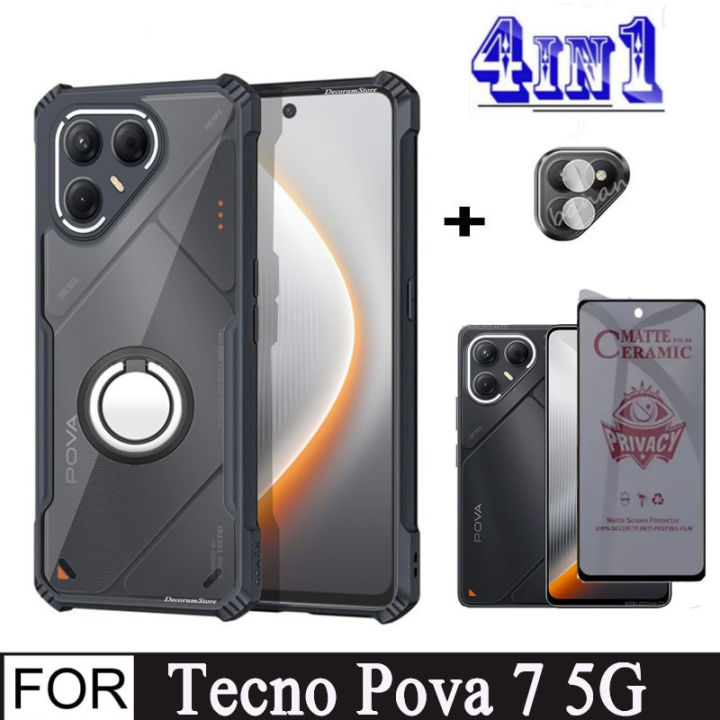 4In1 Tecno Pova 7 5G 4G Shockproof Phone Case for Pova 7 Ultra Anti Spy Privacy Screen Protector Film + Mobile phone holder+Lens Film