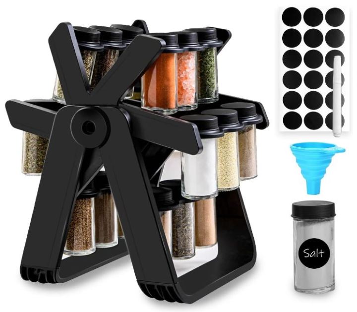 Rotating Spice Rack Organizer with 18 Glass Spice Jars With Spice ...