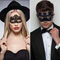 2pcs Elegant Black Lace Masquerade Mask Set Couples - Perfect for Venetian Party, Mardi Gras, and Halloween Celebrations. 