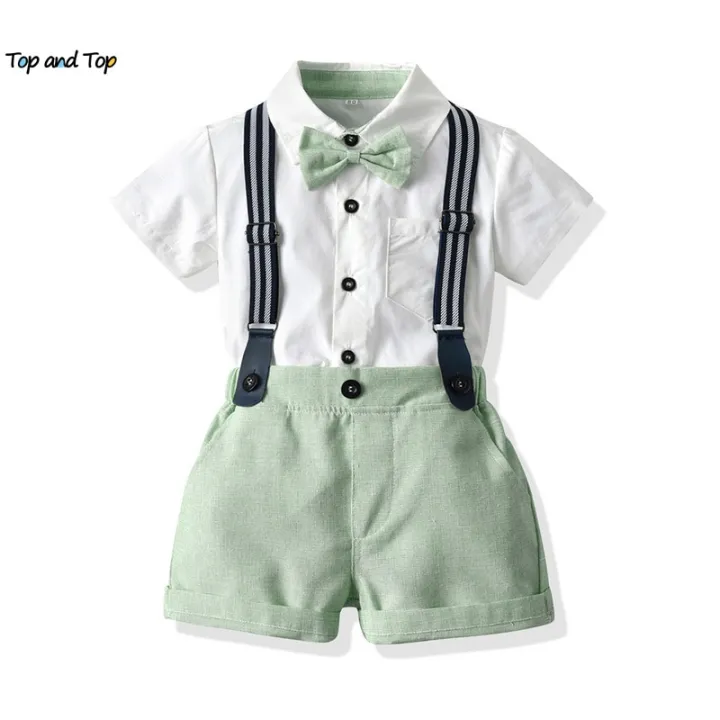 top and top Summer Kids Boy Gentleman Clothes Set Short Sleeve Shirt Tops+Suspender Shorts Casual Outfits Little Boys Clothing