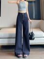 Denim Dark Blue Wide Leg Jeans Women's Summer Thin Drooping Straight Pants Fashion Retro High Waist Slimming Pants. 