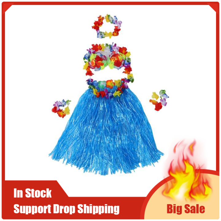 【WEJA】6 Set Hawaiian Grass Skirt flower Hula Lei Wristband Garland fancy Dress costume