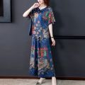 Middle-Aged and Elderly Summer Ice Silk Suit 2024 Summer Wear Fashion New Loose plus Size Print Casual Mom's Two-Piece Set. 