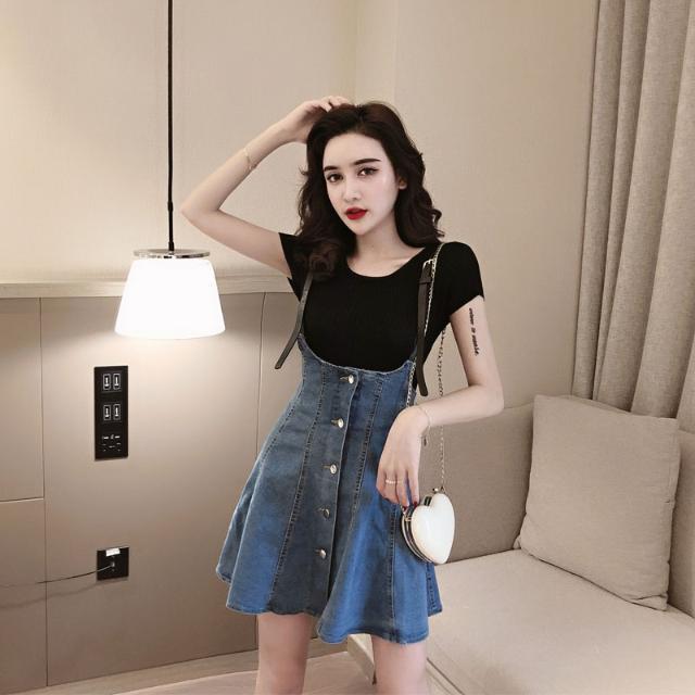 2019 Summer New Korean Style Fashion All-Matching round Neck All-Matching T ... + Strap Slim High Waist Denim Skirt Outfit