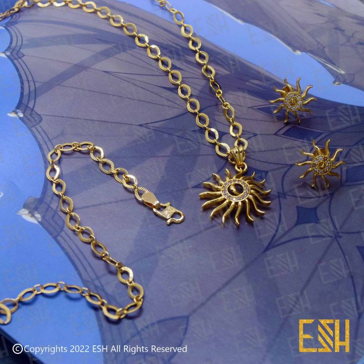 Gold Plated 18/24 INCH 4MM LINK Chain with sun Theme Pendent and Earrings and 04mm Bracelet Party Wedding Send it as a gift or keep it as a lovely collection