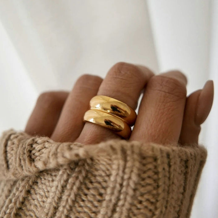 Amazon Europe and the United States ins stainless steel ring 18K wide-sided double-layer texture simple women's high-end titanium steel hand ornament