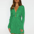 Yfashion Women Long Sleeves Dress Elegant Flare Sleeves High Waist A-line Skirt Simple Solid Color Slim Fit Lace-up Dress. 