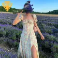 Unique Sleeve Dress Boho Floral Maxi Dress with Drawstring Ruched Front Split Detail Summer Casual Square Neck Midi Dress for Women Women Fit Style Dress. 