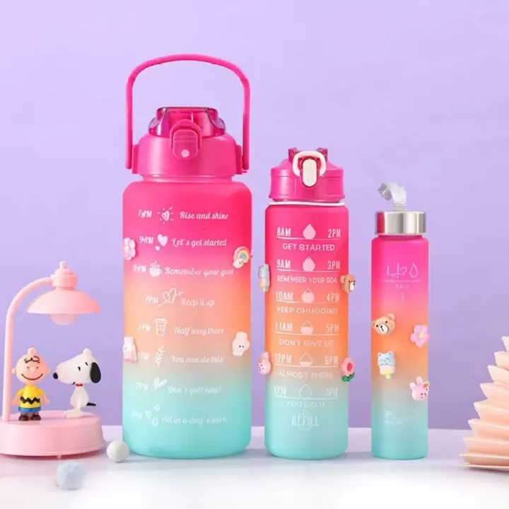 3 Pack Water Bottles Set with 2L Large Bottle 900ML Portable Bottle and 300ML Mini Bottle Motivational Drinks Bottle with Time Marker Leak-Proof Gradient Water Jug