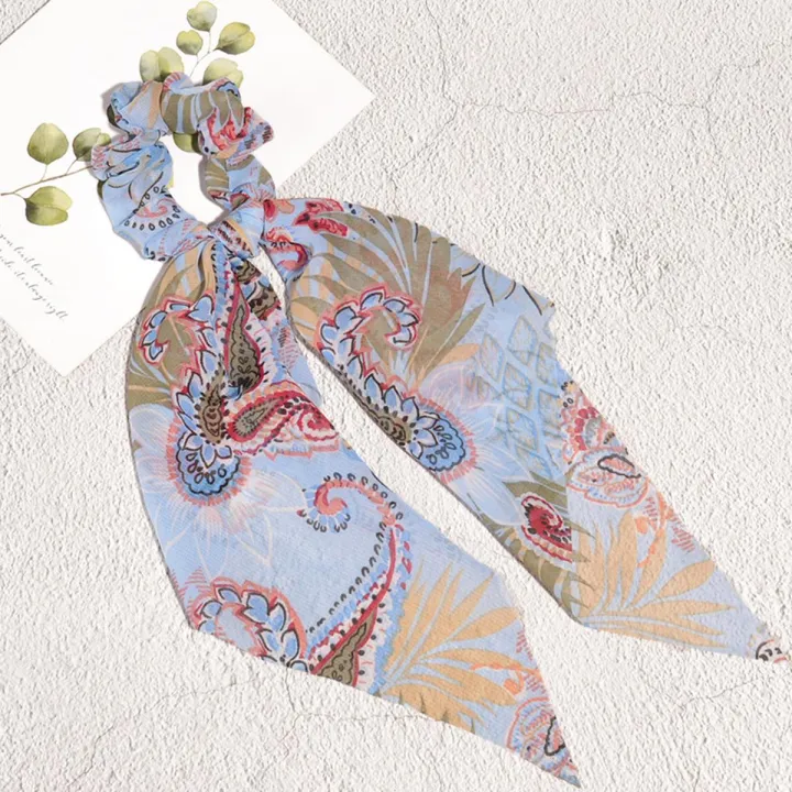 Scrunchies Women's Bohemian Hair Ties Korean Fashion Chiffon Long Bow Tie Floral Print Hair Scrunchies The Peach Lilac Jewelry