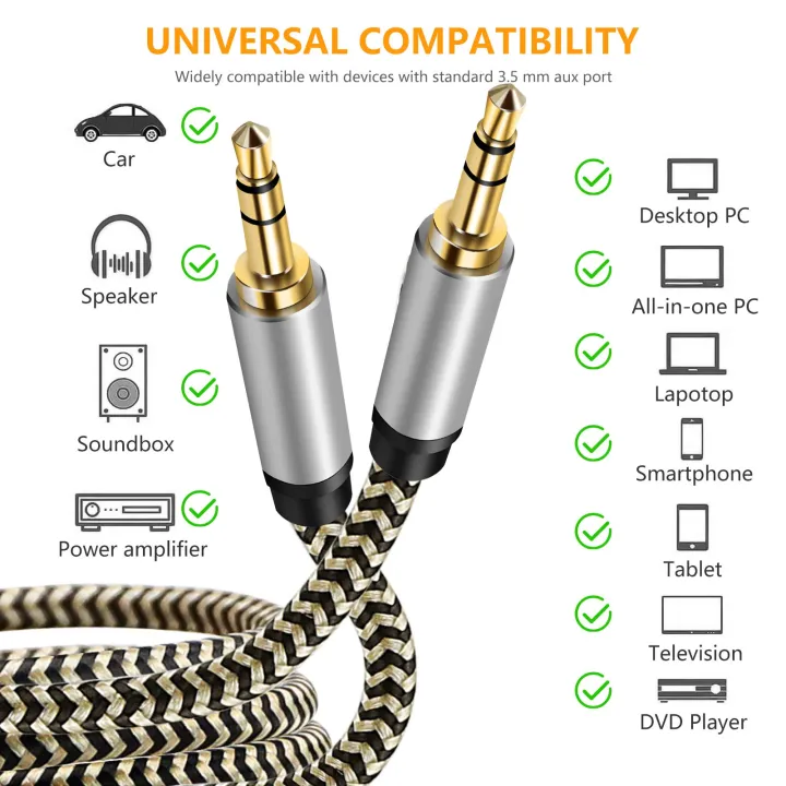 Original TRS Stereo AUX Cable (6.6ft/2m Hi-Fi Sound) Male to MALE 3.5mm Auxiliary Audio Nylon Braided Cord Stereos Cable for Headset Car Speaker Sound bar PC Laptop and more