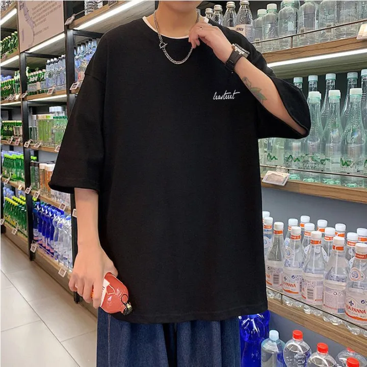 Summer%20Short%20Sleeve%20T%20T-shirt%20Male%20Half%20Sleeve%20New%20Fashion%20Brand%20Loose%20Letter%20Simplicity%20All-Match%20Fashion%20Hong%20Kong%20Style%20ins%20Five-Point%20Top%20-%20Image%202