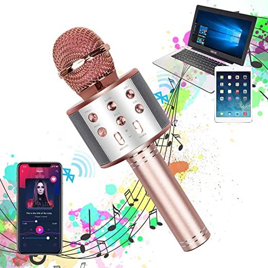 Handheld Wireless Mic Multi-Function Bluetooth Karaoke Singing Microphone with Speaker, Voice Changer, and Recorder, Compatible with All IOS/Android Smartphones