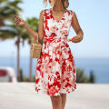 Yfashion Women Floral Dress Sleeveless V Neck High Waist A Line Dress Flowy Swing Shift Dresses With Belt. 