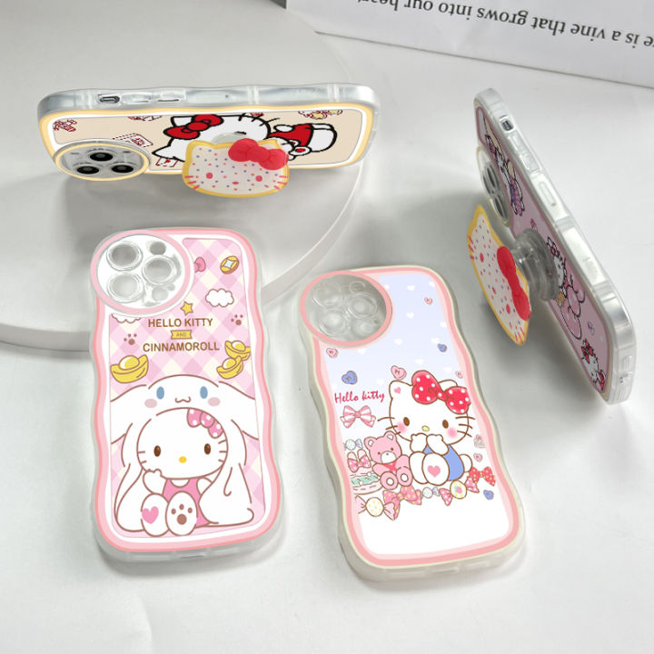 TA for Realme C35 / Realme Narzo 50A Prime Back Cover With Free Holder Cute Kitty Wavy Phone Case Camera Protection Transparent TPU Soft Cover for Girls