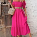 Yfashion Sexy Off Shoulder Dress For Women Summer Elegant Puff Short Sleeves Long Skirt Solid Color Ruffled Dress. 