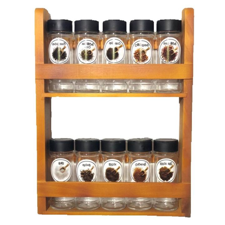 2 Tiered Spice Rack With 110Ml Glass Spice Bottle Wall Mount Wooden Spice Rack WRK100A