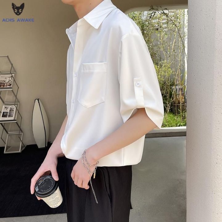 ACHS%20AWAKE%20Shirt%20Men's%20Short%20Sleeve%20Korean%20Style%20Fashion%20Men's%20Clothing%203/4%20Sleeve%20Shirt%20Lightly%20Mature%20Pu%20Handsome%20Summer%20Ice%20Silk%20-%20Image%206