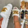 【BestGO】Summer Plush Slippers Fashion Open Toe Solid Color Women's Sandals Metal Chain Outdoor Casual Plus Size Shoes. 