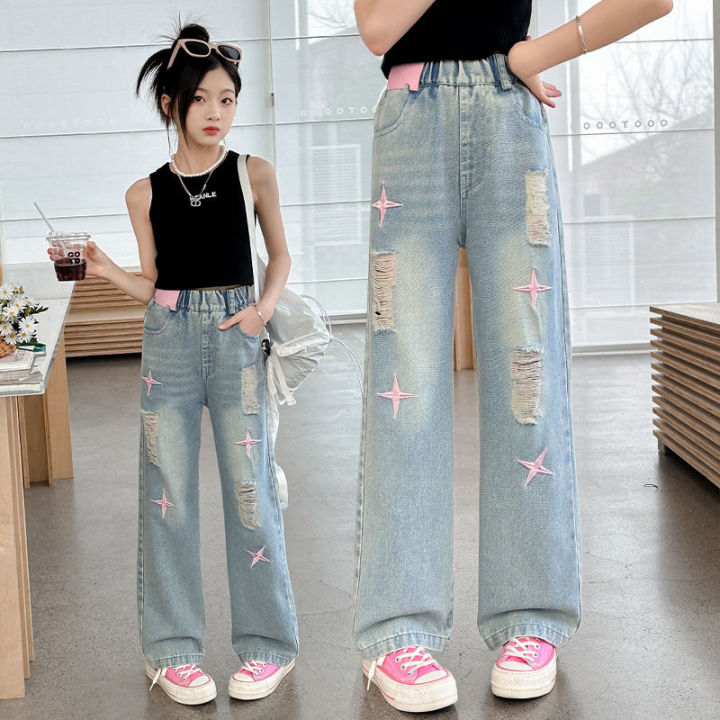 Girls'%20Ripped%20Jeans%202024%20Summer%20New%20Internet%20Celebrity%20Girls'%20Retro%20Loose%20Thin%20Children's%20Narrow%20Wide-Leg%20Pants%20-%20Image%206
