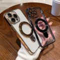 HOCE Plating Magnetic Ring Bracket Phone Cases For iPhone 15 14 13 12 11 Pro Max X XR XS Max 8 7 Plus MagSafe Case Camera Lens Film Protection Holder Stand Soft TPU Clear Back Cover. 