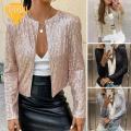 Women Sequin Jacket Sparkling Sequin Round Neck Cardigan for Women Elegant Long Sleeve Jacket for Commute Club Party Solid Color Open Stitch Design Women Coat. 