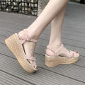 Straw Texture Wedge Sandals for Women Summer2023New Korean Style Versatile Roman Platform Muffin Platform High Heels. 