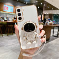 For Samsung Galaxy S22 / S22 Plus / S22 Ultra Back Cover with Lanyard + Cartoon Astronaut Folding Stand Luxury 6D Plating Square Bumper Phone Case Shiny Soft Silicone Full Camera Protection Cases Pouch. 