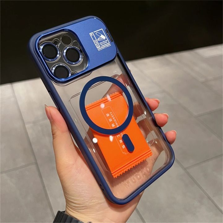 HOCE Metal Camera Holder Magnetic Phone Cases For iPhone 13 14 15 16 17 Pro Max 14 15 16 Plus MagSafe Case With Lens Ring Film Protector Armor Hard Clear Back Cover
