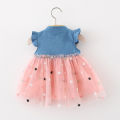 Star Embroidery Denim Gauze Splice Infant Dress Summer New Girls' Baby Little Flying Sleeve Dress Fashion Girl Children'S Clothing (0-3 Years Old). 