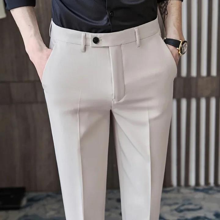 British Style Autumn New Solid High Quality Dress Pant Men Slim Fit ...