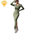 Women Long-sleeved Lapel Dress Elegant V Neck Maxi Dress for Women Perfect for Shopping Dating Parties Slim Fit with Slit Hem Long Sleeves Ankle Length Knitted Design for Spring Fall Fashion. 