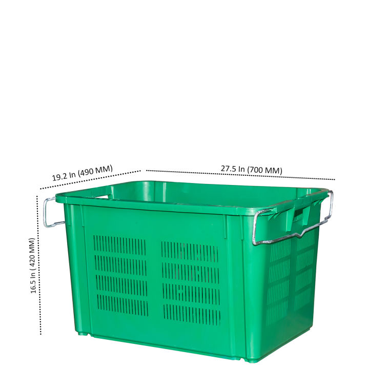 Food Grade Jumbo Plastic Crate (Meshed) And Metal Handle with 116 LTR Storage Capacity and 60 Kg Loading Capacity For Agricultural and Domestic Usage - Size  700 (L) X 490 (B) X 420 (H)