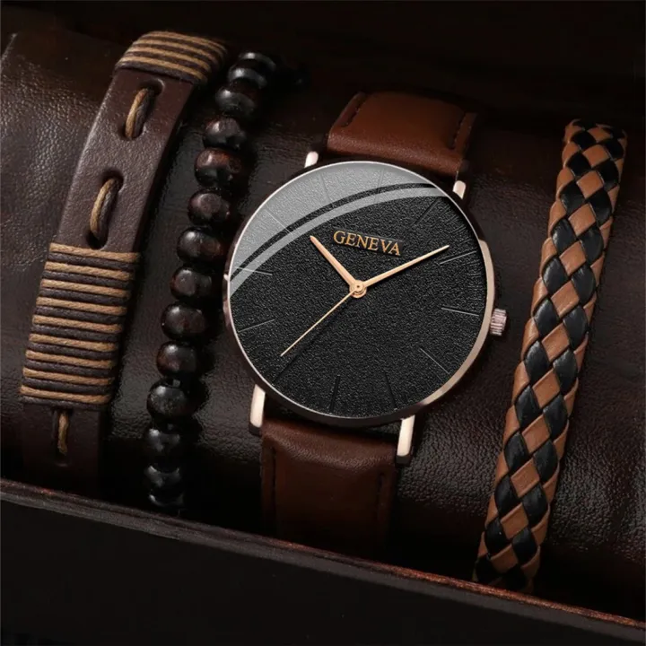 4Pcs New Male Leather Bracelet Watches Set Fashion Casual Accessories Men
